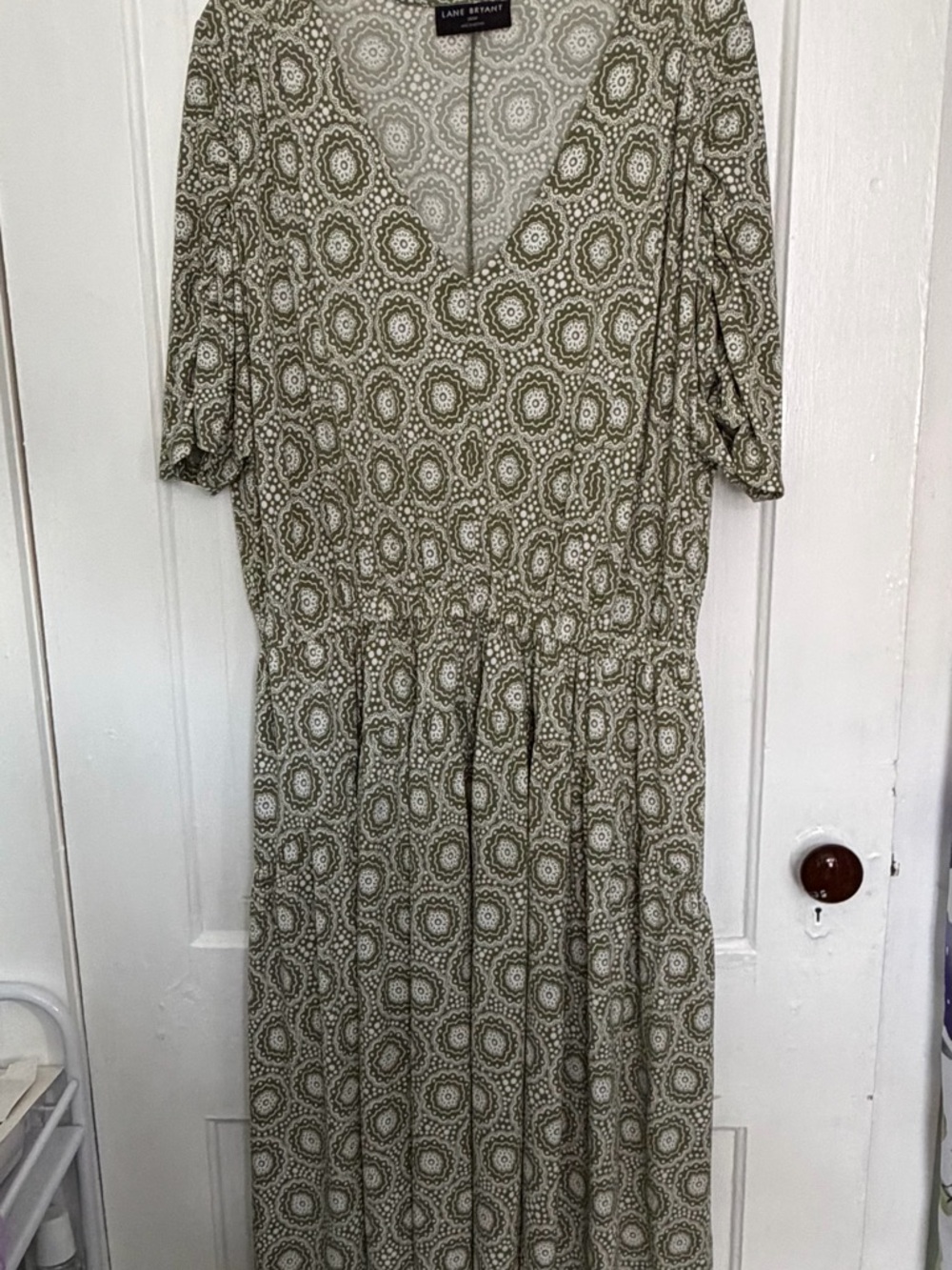 Lane Bryant Olive Green Printed V-Neck Midi Dress with Short Sleeves